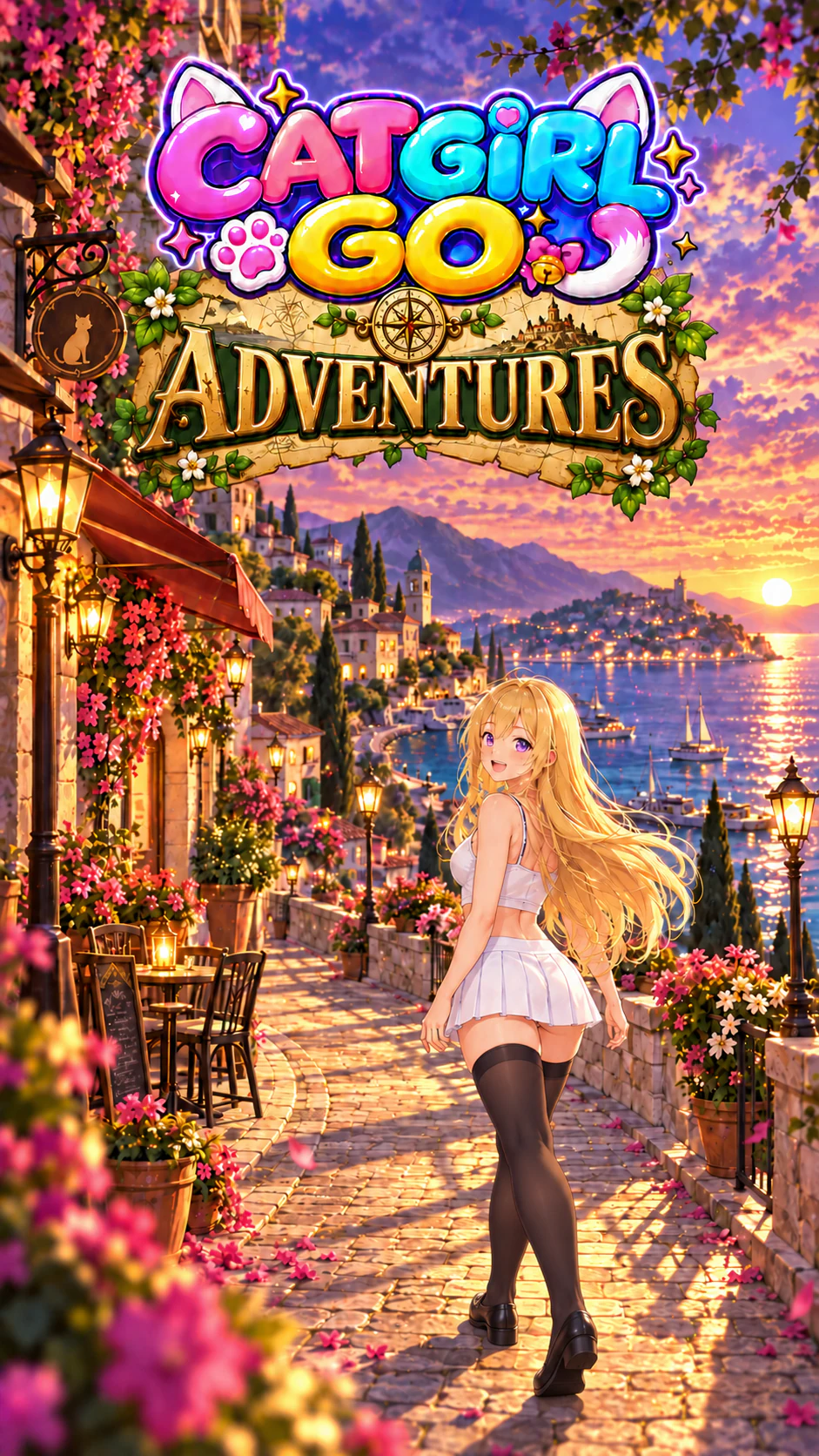 Full-body Rosetta walking down a scenic coastal promenade beneath a gold explorer-style title—CatgirlGO Adventures illustrated splash