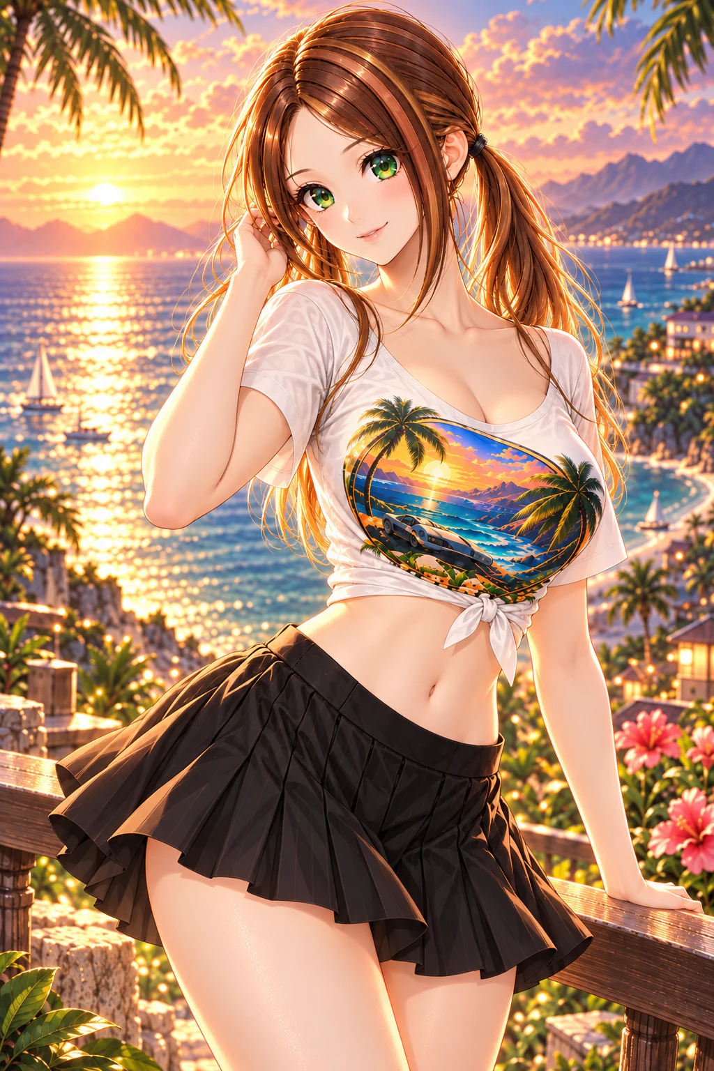 Sierra at a tropical seaside promenade at sunset