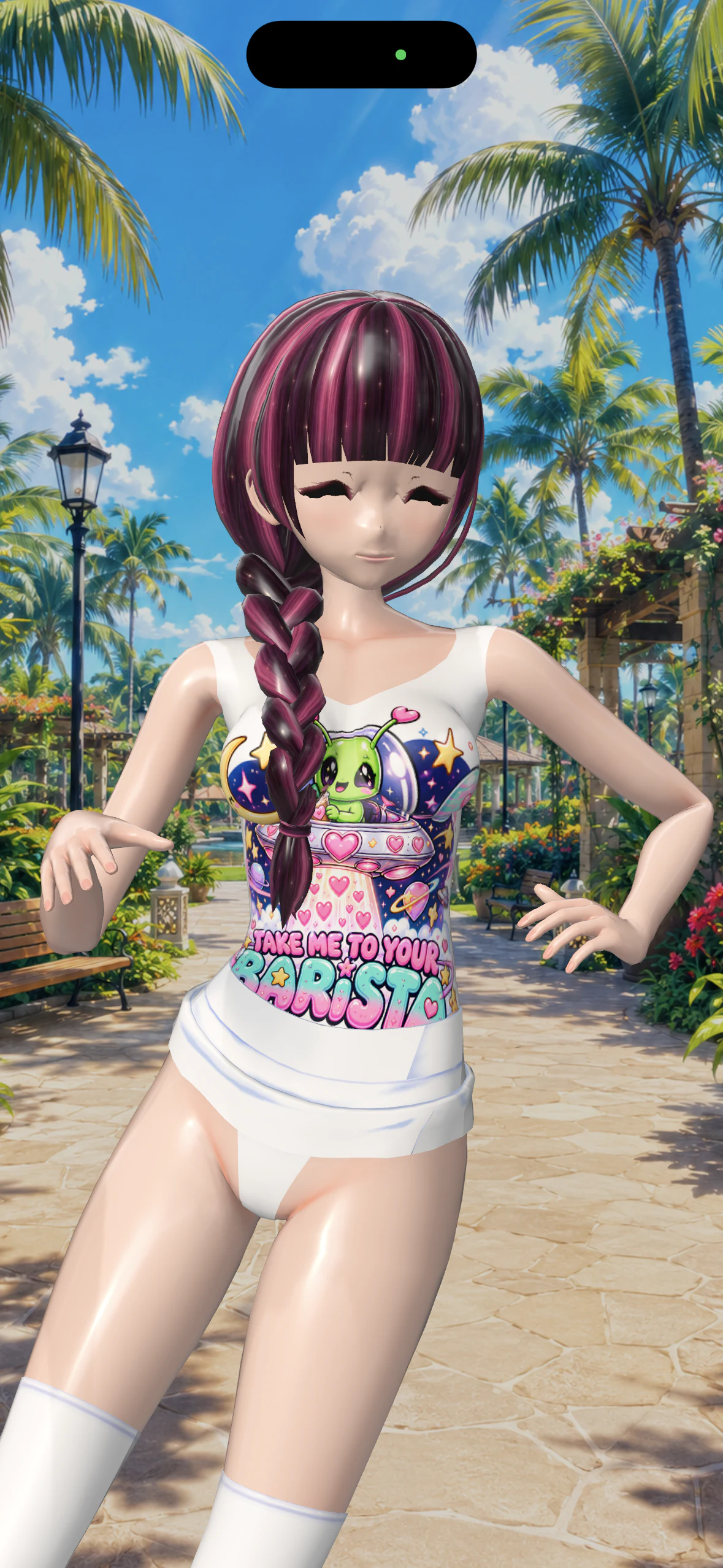 Nadia in a playful pose at the tropical promenade