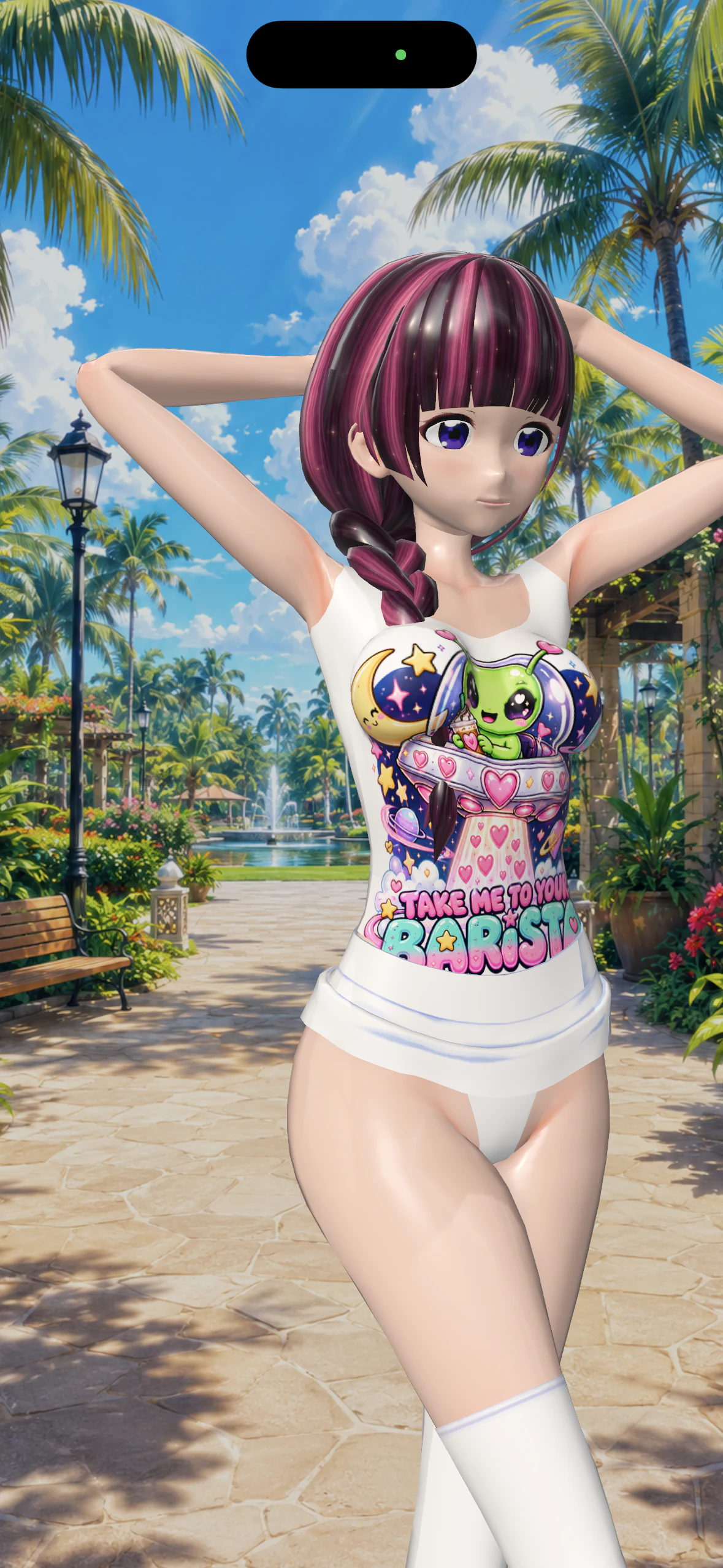 Nadia smiling with her arms raised behind her head