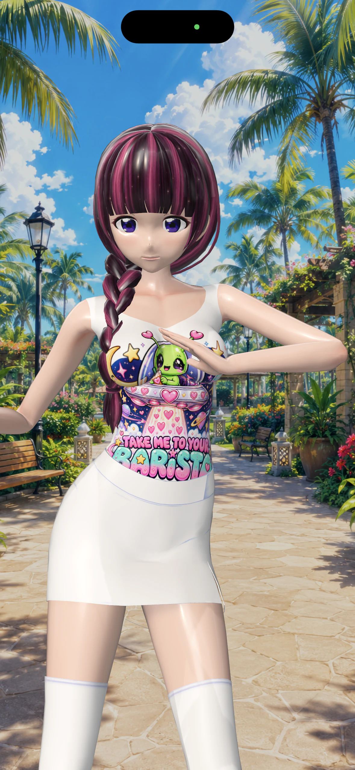 Nadia greeting the viewer on the tropical promenade