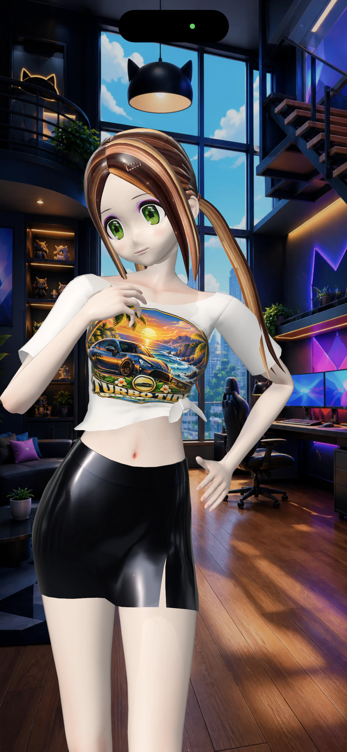 Sierra posing thoughtfully in Neon Gamer Loft