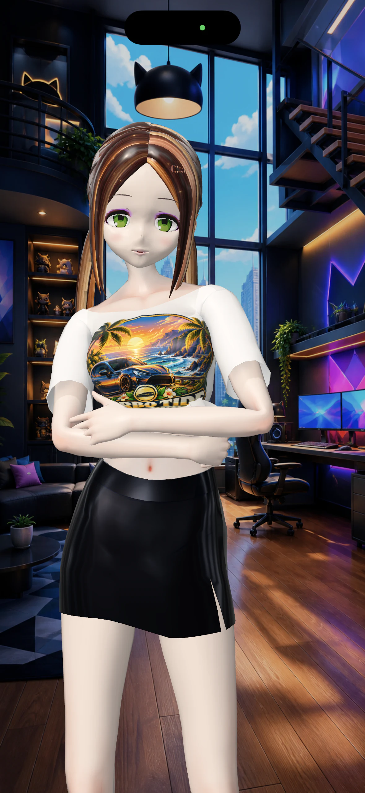 Sierra standing with her arms folded in Neon Gamer Loft