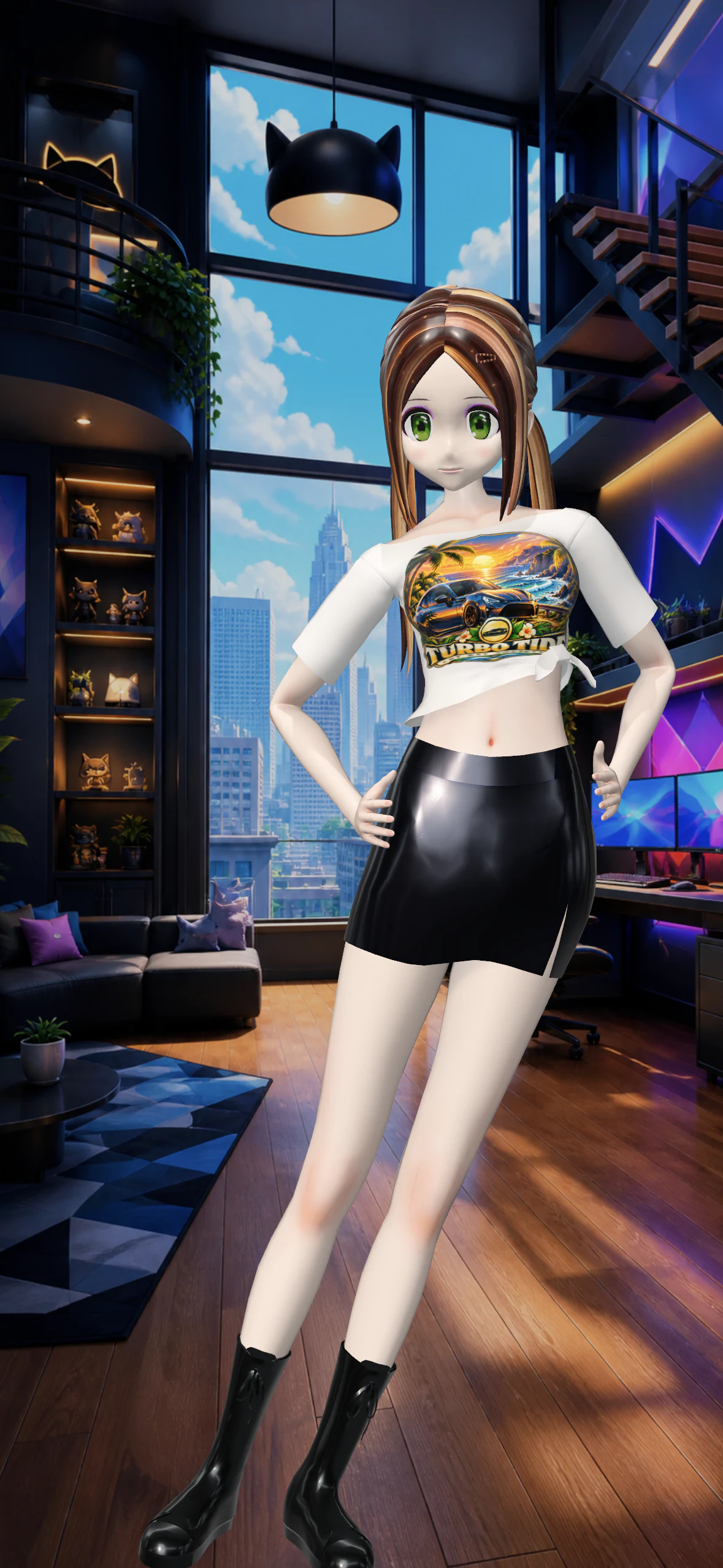 Sierra standing by the city windows in Neon Gamer Loft