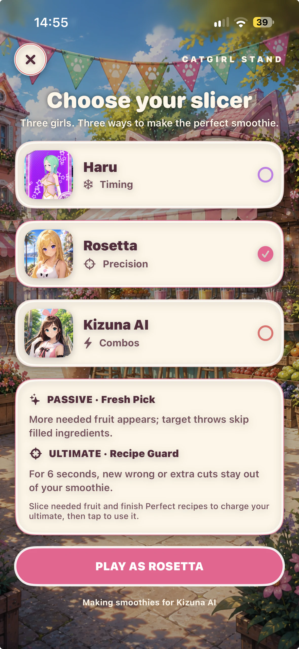 CatgirlGO Catgirl Stand screen where Rosetta is selected as the precision slicer
