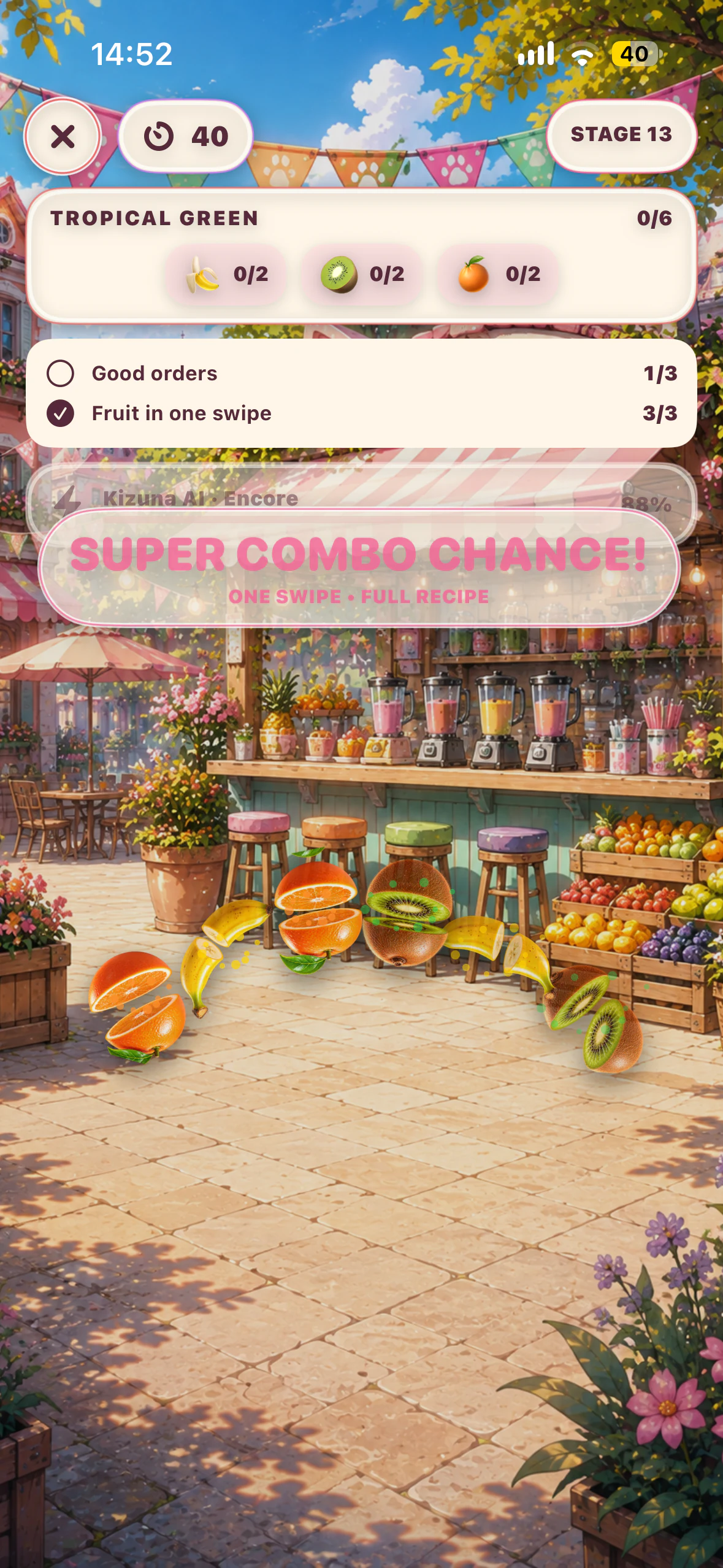 CatgirlGO smoothie shift with sliced tropical fruit and a Super Combo chance