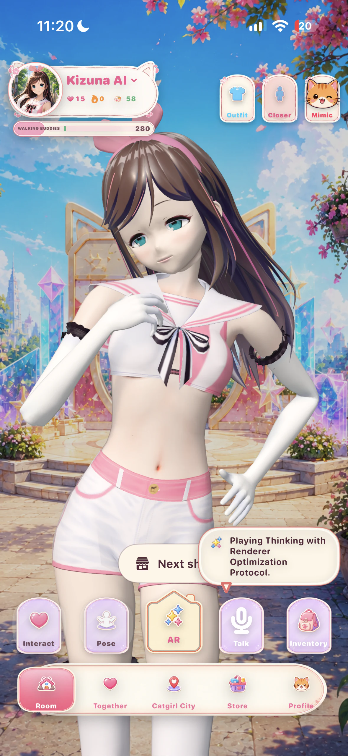 Kizuna AI in a bright CatgirlGO Room wearing a pink and white outfit